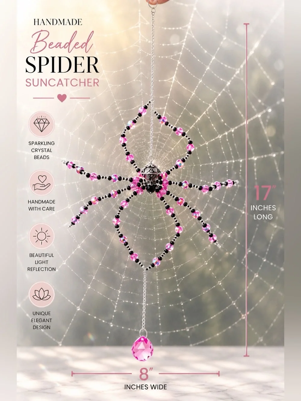 Pink & Black Beaded Spider Crystal Sun Catcher